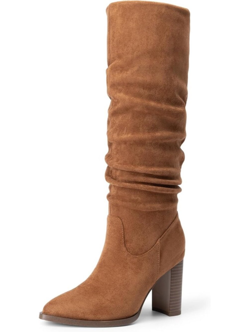 Women's Camel Faux Suede High Chunky Heel Pointed Toe Comfortable Knee High Boot